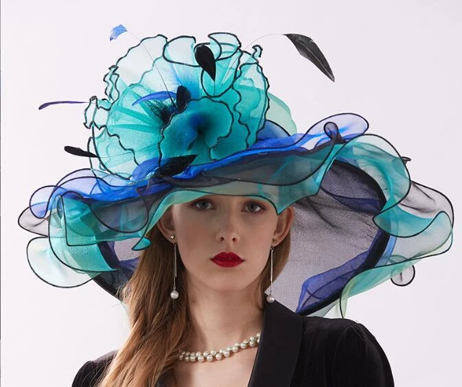 Noble Women's Rolled brim hat multicolor Wedding Floral Dress feather sun hat