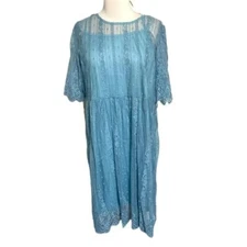 Suzanne Betro XL light blue empire scoop neck lace dress over slip feminine New