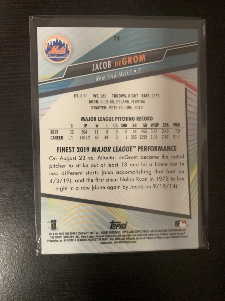 2020 Topps Finest Base Green #74 Jacob deGrom Base Card- New York Mets - Image 2 of 2