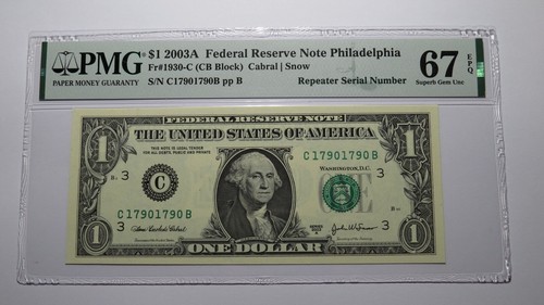 $1 2003 Repeater Serial Number Federal Reserve Currency Bank Note Bill PMG UNC67