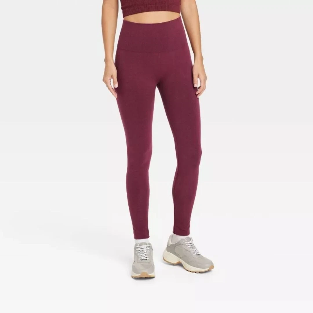 Women's High-Waist Cotton Seamless Fleece Lined Leggings - A New Day  Burgundy Sm