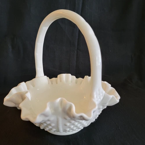 Vintage Marked Fenton Milk Glass Hobnail Ruffle Edge 8" Handled Basket