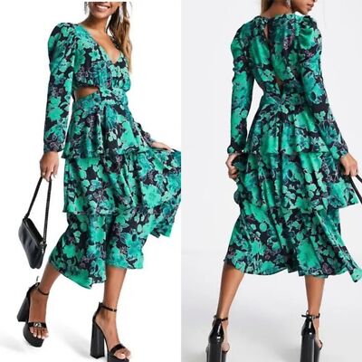 Topshop Floral Cutout Tiered Long Sleeve Midi Dress | eBay