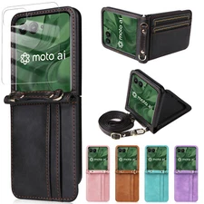 For Motorola Razr/Razr+ 2025/2024 Leather Wallet Crossbody Strap Case w/Screen