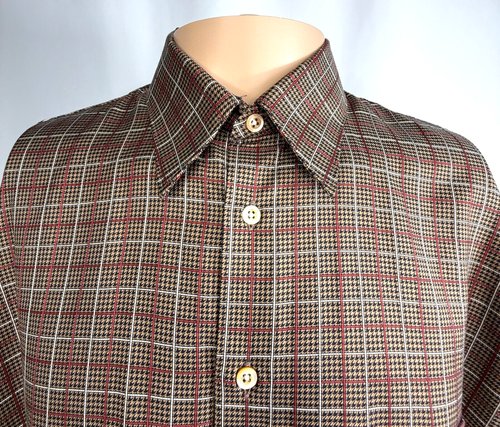 Burberry London Men Shirt L Large Red Brown Houndstooth Cotton Made In USA