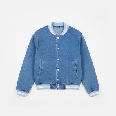 Madden Girl Juniors Denim Bomber Jacket Size S Light Wash Striped Ribbed Trim