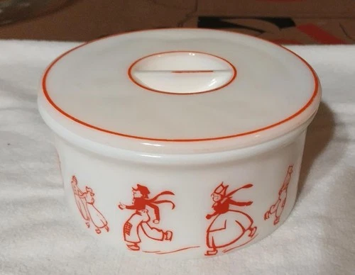 Vintage Hazel Atlas Skating Dutch Refrigerator Fridge Dish w Lid Red Milk Glass