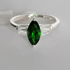 Russian Diopside & White Topaz Gemstone  Marquise Ring in Sterling Silver 1.50ct