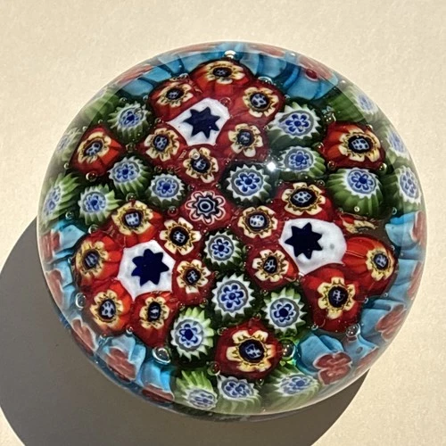 Vtg Murano Millefiori Paperweight Art Glass Multicolored Canes Italian 3”x2”