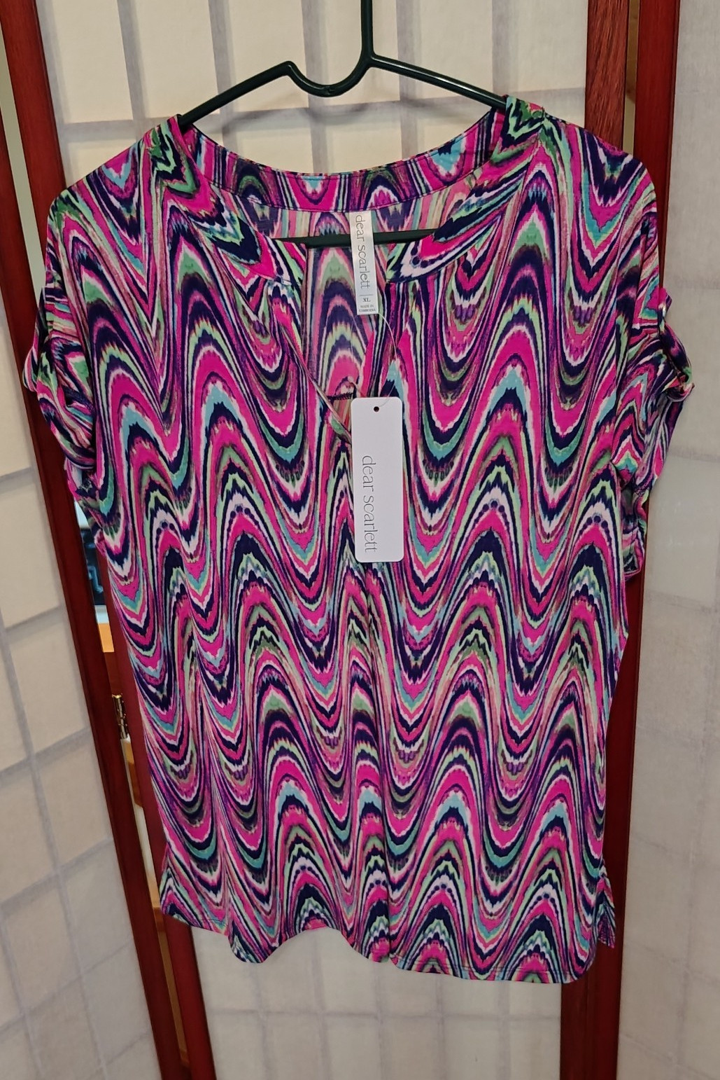 dear scarlett Women's Multicolor Abstract V-Neck Short Sleeve Pullover Blouse XL
