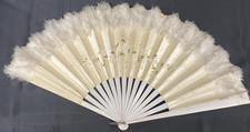 Victorian Handpainted Hand Fan w/Feathers  Lacquered Wooden Frame Antique