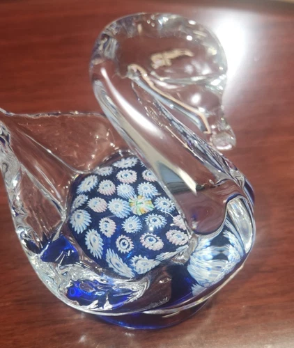 Unique Vintage Murano Art Glass Millefiori Flowers Paperweight Swan
