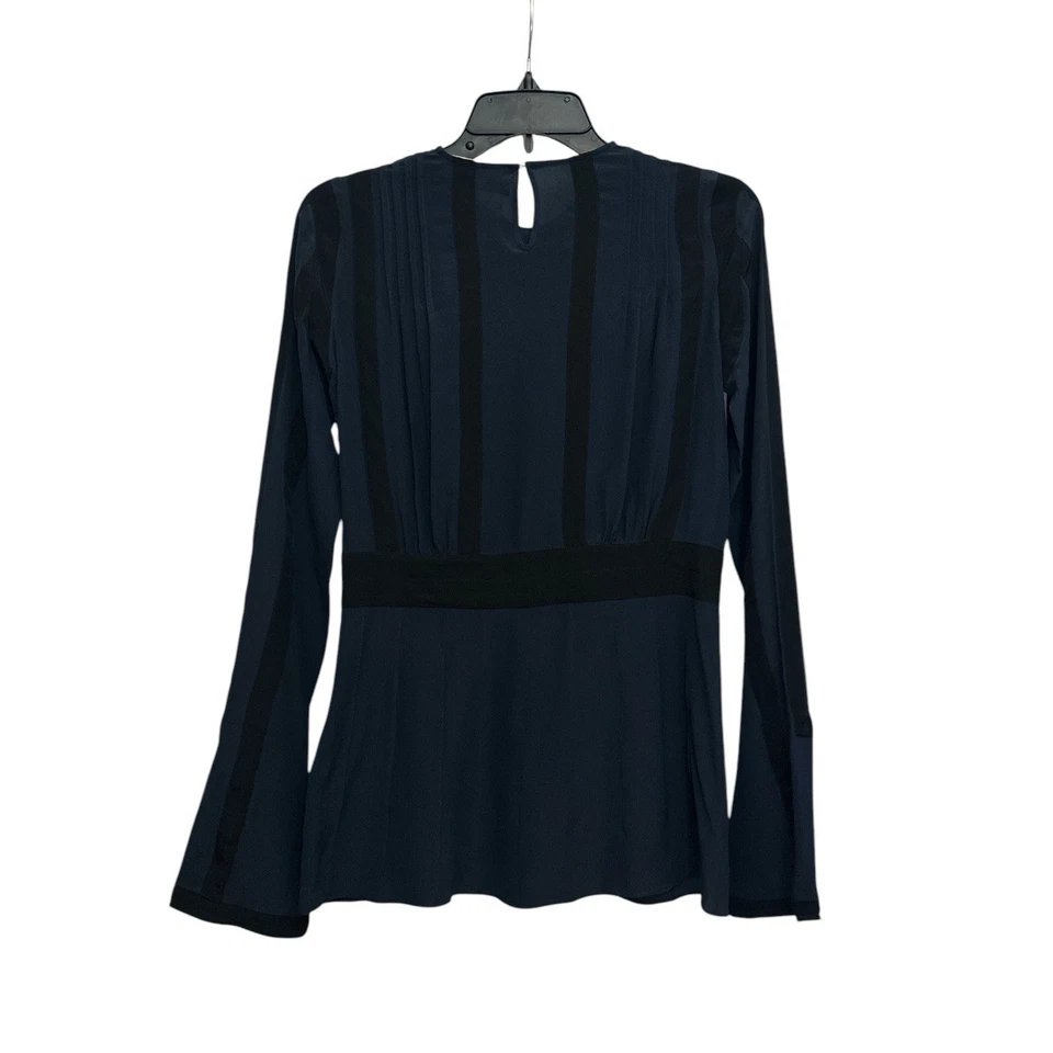 Blusa Derek Lam Manga Larga Peplum Talla 4 Azul Seda Negro Acentos Carrera Formal Foto 3 de 4