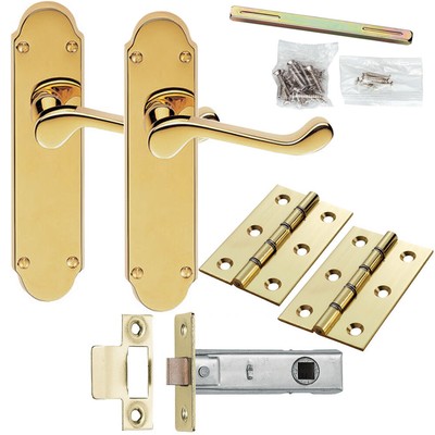 Türgriff & Riegel Paket Messing modern umgedreht gebogen schlank verziert Rückenplatte