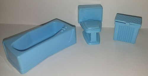 Vintage Blue Bathroom Set Dollhouse Furniture ~ Tub Toilet Hamper - Plastic MPC