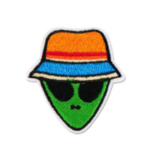 GREEN ALIEN with BUCKET HAT- UFO - EMBROIDERED IRON-ON PATCH