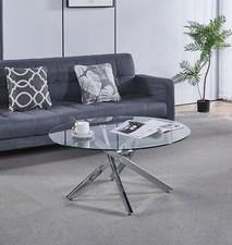 Round Table, Glass Coffee Table, Centre Table with 4 Crossed Chrome Legs