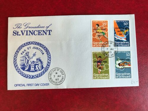 ST VINCENT GRENADINES 1980 FDC HURRICANE RELIEF OP SAILING SWIMMING LONG JUMP - Picture 1 of 1