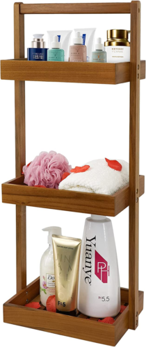 Teak Shower Caddy Corner, 3 Tier Standing Shower Organizer Shelf with Handle, Wo - Picture 1 of 12