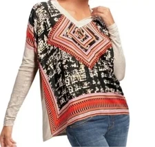 Cabi Size M Aztec Print Silk Scarf Blouse L/S Beige V-Neck Style #768 N203