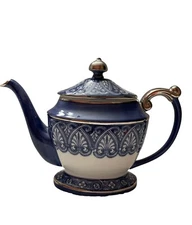 Bombay Co blue & white Arabesque tile 8" tall platinum trim teapot w/lid