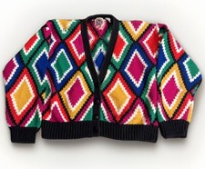 Vintage 1980s Saks Fifth Ave Multicolor Geometric Cardigan Sweater S Cotton Knit