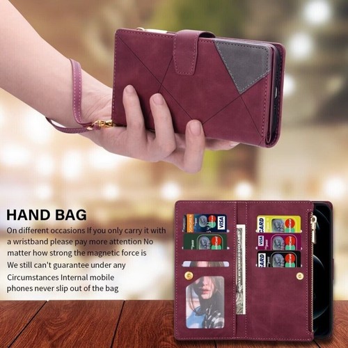 For iPhone 16 15 14 13 12 11 Pro Max Plus Leather Zipper Wallet Case Flip Cover - Picture 26 of 73