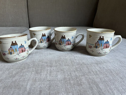 Vintage Heartland International Stoneware Teacups Mugs Farm Scene Cottage Core