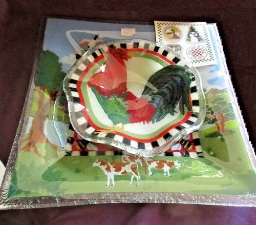 Peggy Karr Signed Fused Art Glass Serving Square Plate & Round Rooster NIB CA