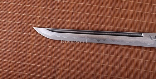 Damascus Folded Steel Tanto Self-defence Japanese Short Sword Sharp Ox Horn Saya - Picture 10 of 18