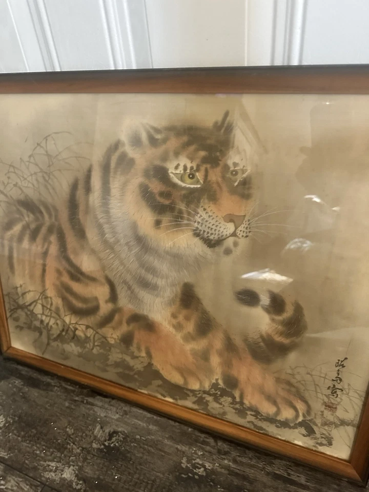 复古亚洲东方丝绸绘画 20 世纪 50 年代 20 世纪 50 年代老虎签名带框艺术 — 第 4/4 张图片
