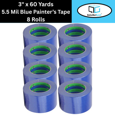 3''x60 Yards 5.5 Mil - Blue Painter's Masking Tape 8 Rls Easy Tear Adhesive Tape