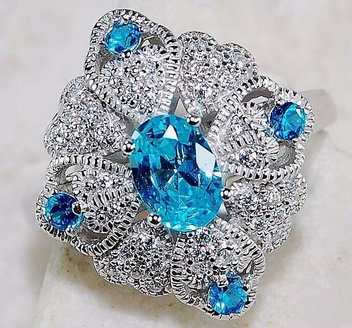 3CT  Aquamarine 925 Solid Sterling Silver Ring Sz 6 &6-2