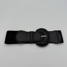 Vintage Black Elastic Stretch Cinch Waist Belt, Braided Oversized Buckle, S/M