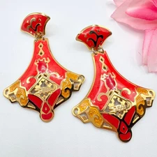 Vintage Edgar Berebi Red Enamel Earrings Big Statement Lantern Gold Tone Ornate