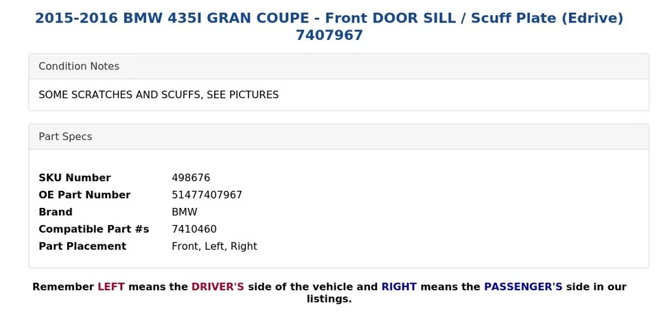2015-2016 BMW 435I GRAN COUPE - Peitoril da porta dianteira / placa de arranhão (Edrive) 7407967 - Imagem 4 de 4