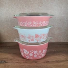 Vintage Pyrex Gooseberry Pink White Cinderella Casserole Set 471-473 with Lids