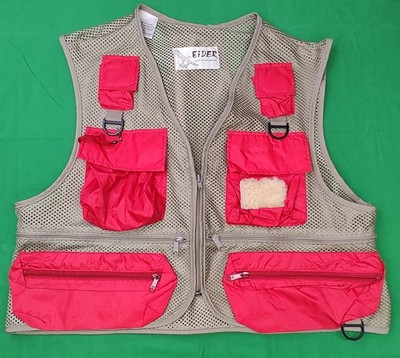Vintage Eider ~ Men's XL ~ Hunting/Fishing ~ 9 Pocket Mesh Vest ~ Khaki & Red 