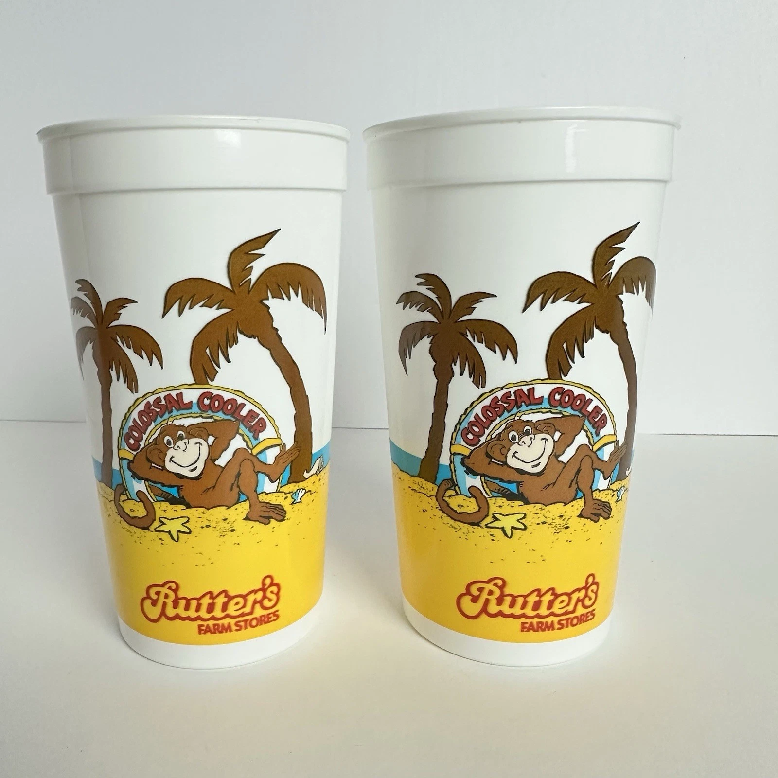 2- Vintage Rutters Colossal Cooler Logo Fountain Soda Plastic Cup 32oz Coca-Cola