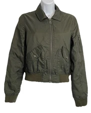 VTG Forever 21 Cropped Bomber Jacket Military Olive Green Full Zip Size Small