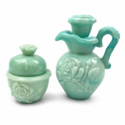 Vintage Avon Moonwind Powder Sachet Pot & Pitcher Decanter Blue Green Milk