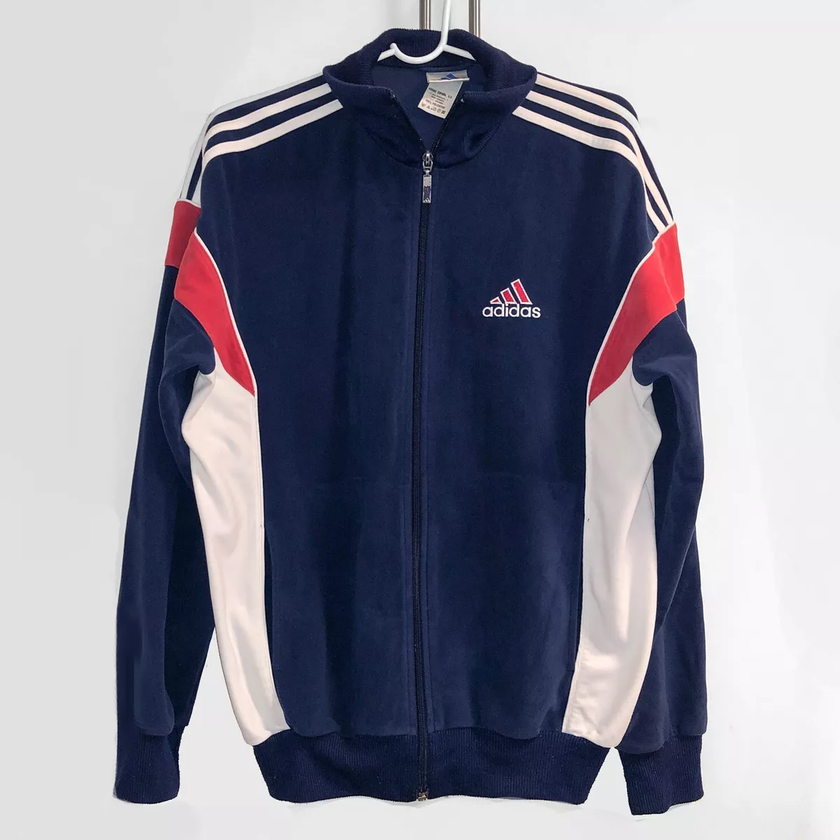 80s Vintage ADIDAS Velour Navy Striped Track Jacket • LG • Adidas of Spain •RARE