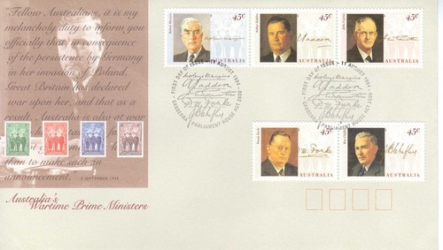 AUSTRALIA 1994 WARTIME PRIME MINISTERS SET OF 5 ON OFFICIAL FIRST DAY COVER - 第 1/1 張圖片