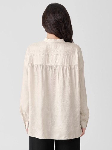 NWT Eileen Fisher L 100% Silk Boxy Shirt in Bone Mandarin Collar Long Slv $288 - Picture 10 of 13