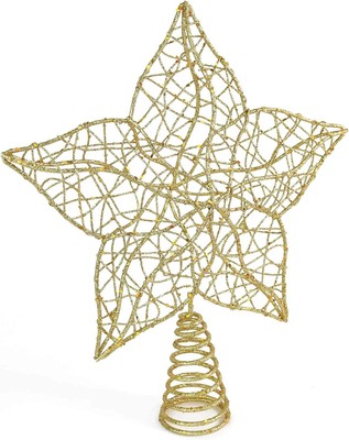 Ornativity Glittered Star Tree Topper - Christmas Gold Sparkle Wire Star Flower