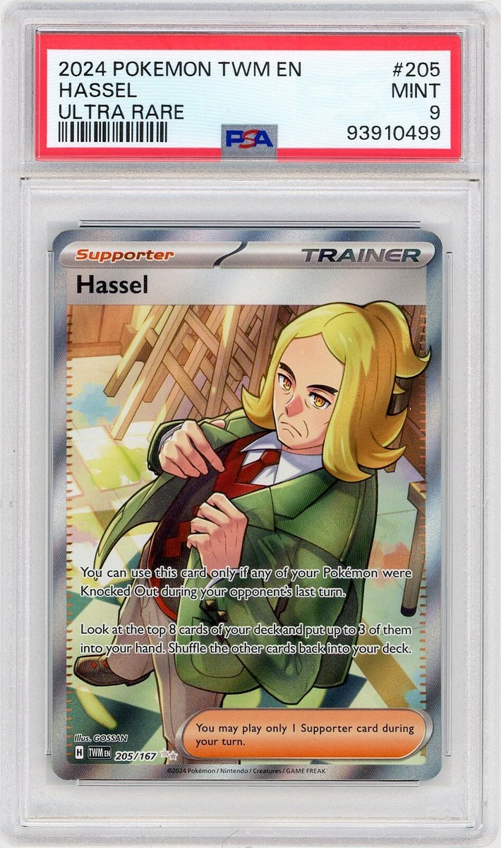 pokemon cards to look for 2024 2024 Pokemon Twilight Masquerade #205 Hassel Full Art Ultra Rare MINT PSA 9