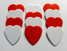12 pics Solid Red & White Heart Shaped Guitar Picks - Heavy gauge - Blank