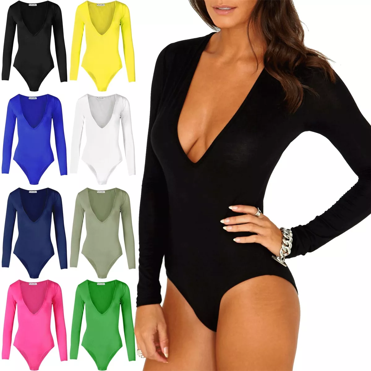 Ladies Deep V Plunge Neck Womens Stretch Long Sleeve Jersey