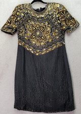 Night Vogue Sheath Dress Womens Large Black Sequin Beaded Lined Back Vent & Zip