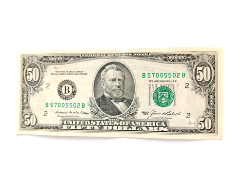 1985 $50 Fifty Dollar Bill Federal Reserve Note, US Serial # B57005502B